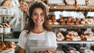 Mujer sonriente trabajando en una panadería